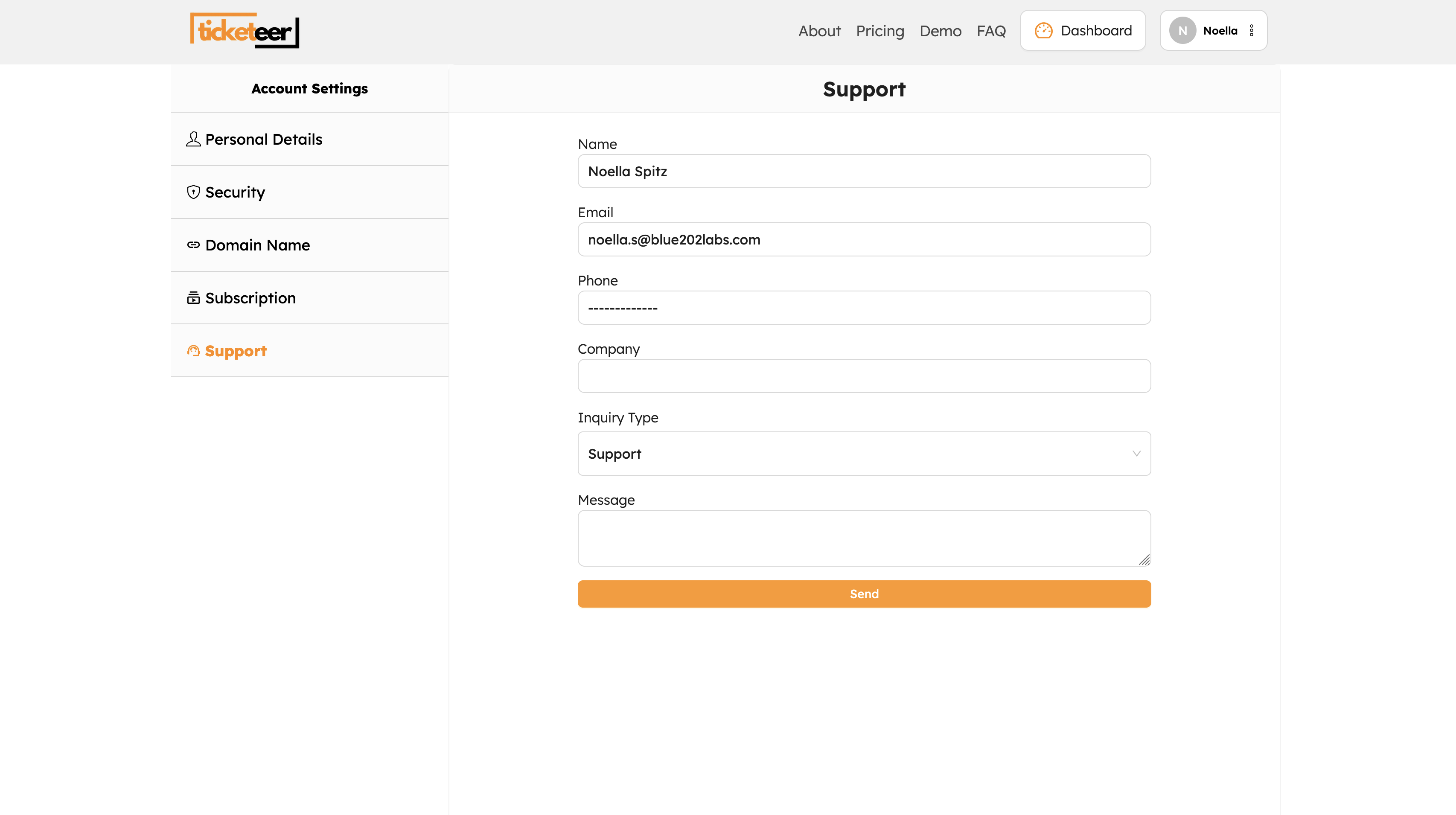 Ticketeer — User dashboard (Support)